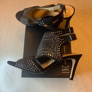 Women’s INC Dressy Black Sandal Heels with Silver Studded Hardware, Size 11